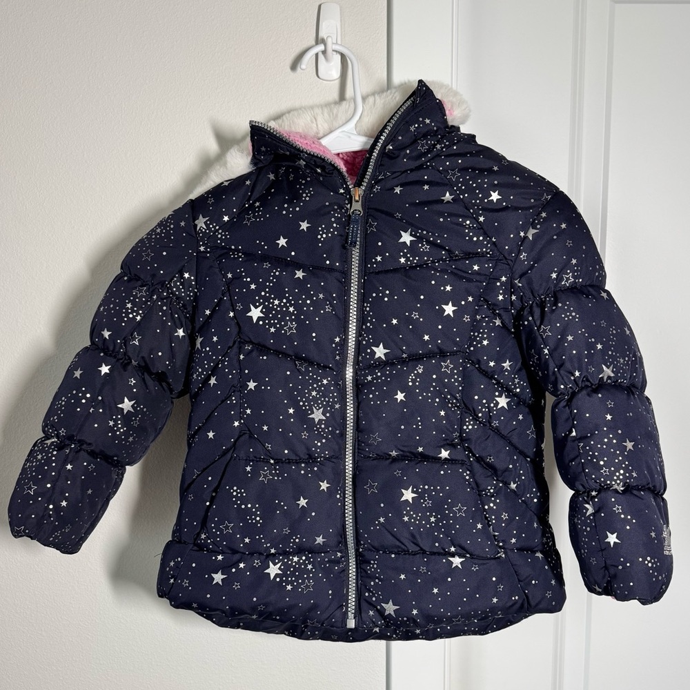 ZeroXposur Girls Winter Coat Size 6/6x Navy Blue Pink Silver Stars Puffer Fur